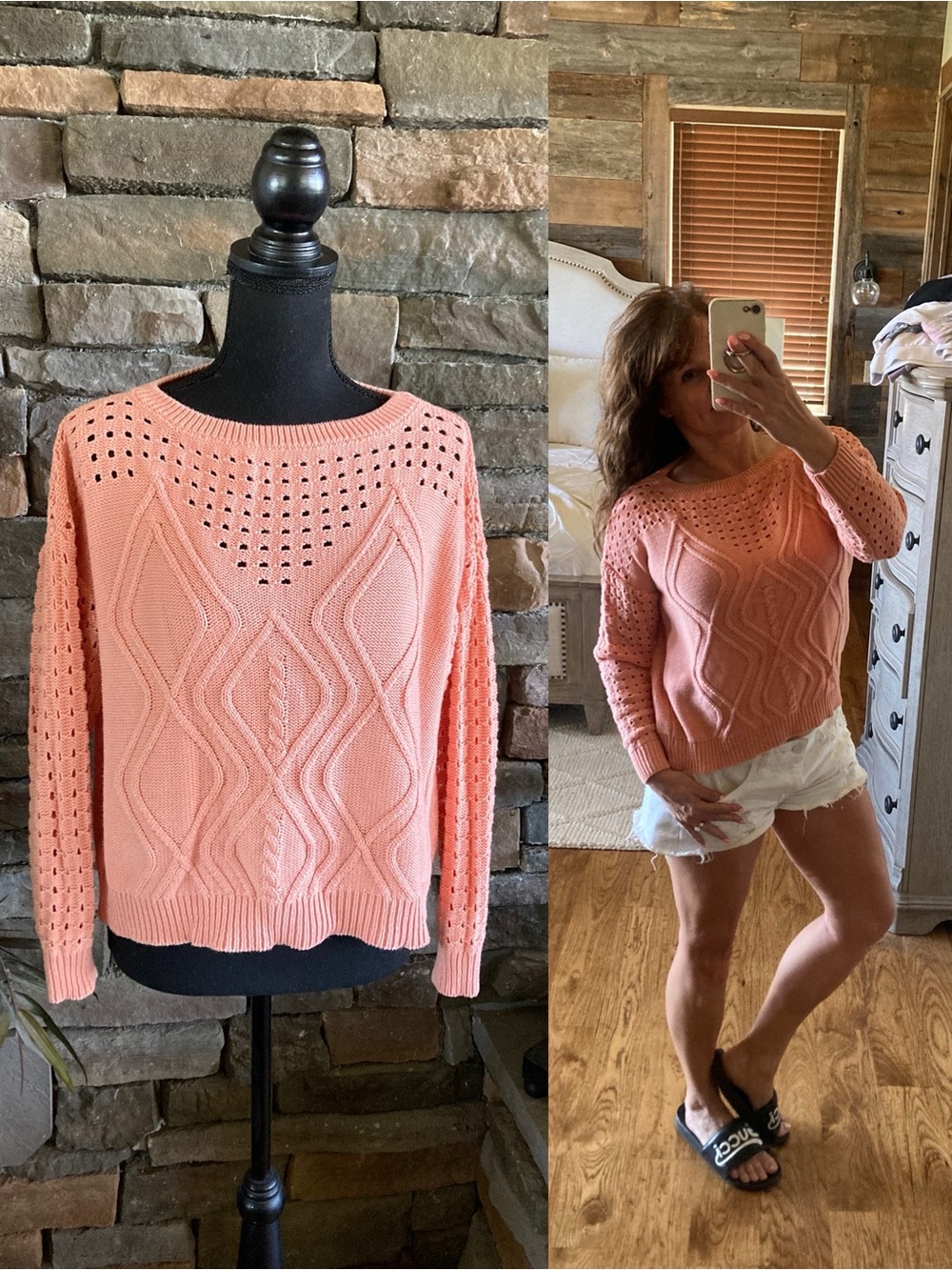 By Me… Coquette Cottage Islet Knit Cotton Peach Sweater Size M